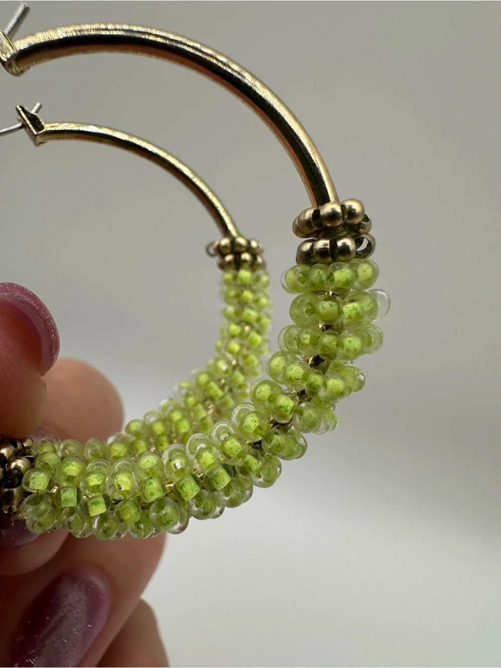 Gold Hoop Earrings with Lime Green Beaded Wrap